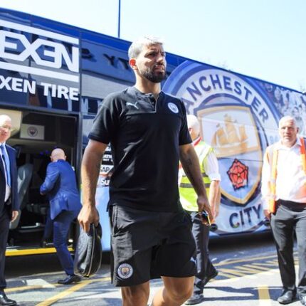 BOURNEMOUTH, ENGLAND - AUGUST 25: Sergio Aguero of Manchester City arrives at the stadium prior to the Premier League match between AFC Bournemouth and Manchester City at Vitality Stadium on August 25, 2019 in Bournemouth, United Kingdom. (Photo by Matt McNulty - Manchester City/Manchester City FC via Getty Images)
